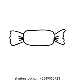 Minimalist hand-drawn vector illustration of a wrapped candy. Suitable for coloring pages, crafting, and festive designs. Simple black outline art for creative projects and decorations.