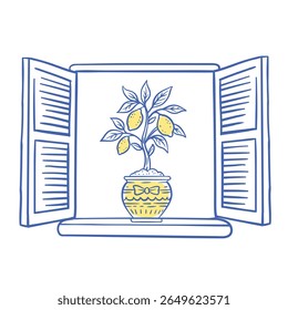 Minimalist hand-drawn vector of a lemon tree in a ceramic pot seen through a window. Italian summer vibes, rustic home decor, Mediterranean fruit illustration