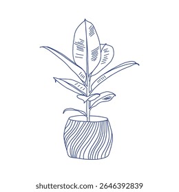 Minimalist hand-drawn vector of a potted indoor plant with large leaves, perfect for botanical decor, eco design, and home illustration themes.  