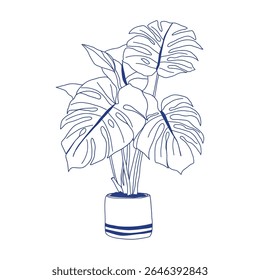Minimalist hand-drawn vector of a potted indoor plant with large leaves, perfect for botanical decor, eco design, and home illustration themes.  