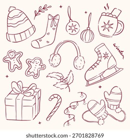 Minimalist hand-drawn vector red line art illustration inspired by Christmas and winter. Elegant composition with festive motifs, ideal for greeting cards, packaging, and holiday campaign