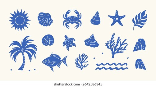Minimalist hand-drawn vector set inspired by Italian coastal summers. Abstract blue silhouettes of palm tree, lemon, sun, sea, fish, and seashells—perfect for travel themes and Mediterranean vibes.