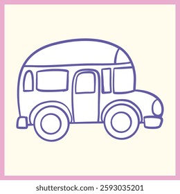 Minimalist hand-drawn vintage bus icon in blue with a soft pastel pink border on a light background, ideal for travel and retro designs, Vector Illustration