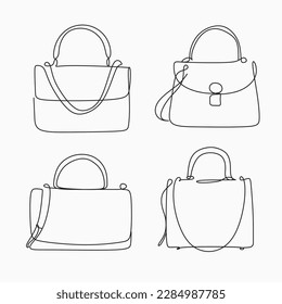 Minimalist Hand-drawn women's bags. Elegant women's bag with flap top and handle.One-line vector illustration of a woman's bag.  Leather bag female collection. Fashion store logo