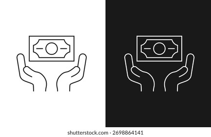 Minimalista Mãos Cupped Sob Linha de Nota Ícone Arte, Símbolo Simples para Receber Pagamento, Salário, Doação, ou Poupança, Gráfico Vetor Moderno para Finanças e Riqueza, Versões em Preto e Branco.