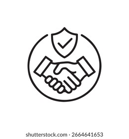 Icono minimalista del apretón de manos con el símbolo del escudo de seguridad que representa la confianza, la sociedad, la seguridad, el Acuerdo y el negocio en estilo de contorno negro limpio sobre fondo blanco.