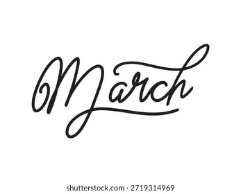 Minimalist handwritten "March" script lettering. Clean and friendly hand-drawn design representing the third month of the year, perfect for calendars, planners, journals, and seasonal spring greeting cards.