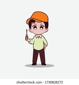 Minimalist handyman mascot logo with cute manga style, design template