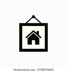 Minimalist hanging wall frame with house icon vector illustration.