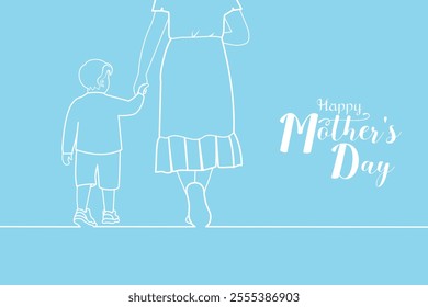 Minimalist Happy Mother’s Day Illustration with Son Holding Mother’s Hand in Blue Background