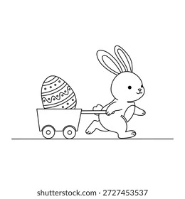 Minimalist Happy Easter Bunny Pulling Wagon with Decorated Egg Line Art Illustration