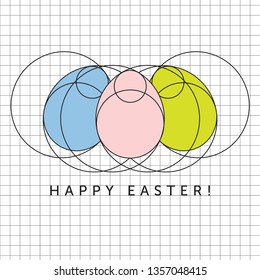 Minimalist Happy Easter Eggs Greetings Design. Shape Drawing of Egg. Pastel colors on Graph Paper