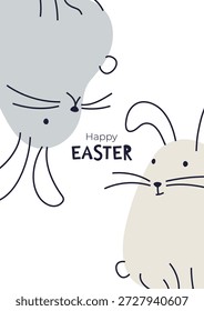Tarjeta de felicitación de Pascua feliz minimalista o cartel con dos conejitos lindos