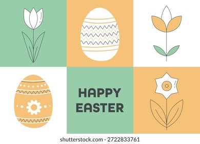 Minimalist Happy Easter Illustration with Decorative Eggs and geometric Flowers in Pastel Colors. Modern flat vector design ideal for greeting cards, posters, banners, and seasonal holiday projects.