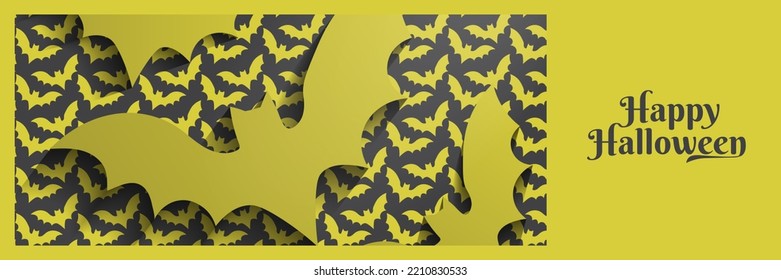 Minimalist Happy Halloween concept banner with yellow orange flying bat silhouettes with shadow and bat patterns on charcoal gray background, side bar for copy space and text. Vector Illustration.