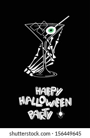 Minimalist Happy Halloween party poster with skeleton hand holding cocktail glass