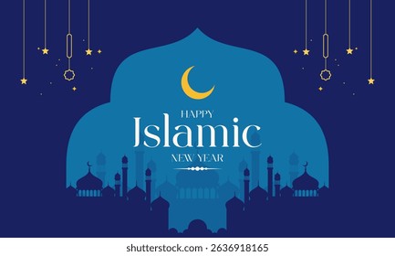 Minimalist Happy Islamic New Year Background with Mosque Silhouette, and Crescent Moon Flat Design. Perfect for Muharram, Hijri New Year, Islamic holiday Celebrations, Banners, Invitations, and more.