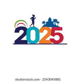 A minimalist "Happy New Year 2025" silhouette vector design featuring bold, clean lines. The numbers "2025" stand prominently in the foreground, with silhouettes of celebratory elements like fireworks