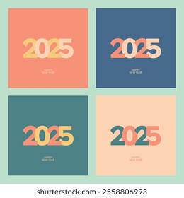 Minimalist Happy New Year 2025 poster featuring soft pastel hues like dark salmon, chardonnay, light apricot, and dusky blue. Perfect for modern greeting cards, social media posts, and event graphics.