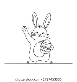 Minimalist Happy Waving Easter Bunny with Decorated Egg Line Art Illustration