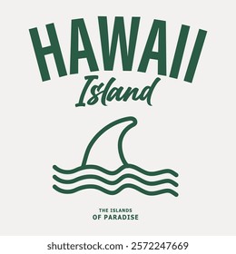 Minimalist Hawaii Island design featuring a shark fin and ocean waves. Represents island paradise, marine life, and tropical vibes. Ideal for apparel, souvenirs, and travel-themed designs.