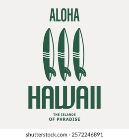 Minimalist Hawaii surfboard design featuring "Aloha" text and three surfboards. Perfect for beachwear, tropical-themed projects, and souvenirs. Evokes the carefree spirit of Hawaiian surf culture.