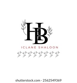 Minimalist HB Monogram with Botanical Illustration.Elegan Initial BH Logo with Floral Element. Wedding logos, hand drawn elegant, delicate and minimalist,black and white vintage logo for beauty shop.