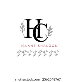 Minimalist HC Monogram with Botanical Illustration.Elegan Initial CH Logo with Floral Element. Wedding logos, hand drawn elegant, delicate and minimalist,black and white vintage logo for beauty shop.