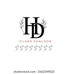 Minimalist HD Monogram with Botanical Illustration.Elegan Initial DH Logo with Floral Element. Wedding logos, hand drawn elegant, delicate and minimalist,black and white vintage logo for beauty shop.