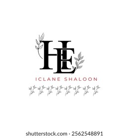 Minimalist HE Monogram with Botanical Illustration.Elegan Initial EH Logo with Floral Element. Wedding logos, hand drawn elegant, delicate and minimalist,black and white vintage logo for beauty shop.