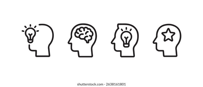 Minimalist head icons with brain lightbulb and star concepts.