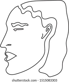minimalist man’s head in profile in black wavy lines with a broken head