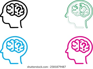 Minimalist head silhouettes, brain icons, colorful outlines, mental health concept, cognitive thinking symbols, simplified human profiles, blue pink green black color scheme, clean vector graphics, ps