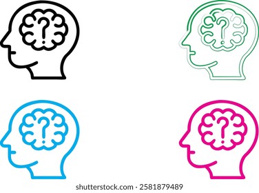 Minimalist head silhouettes, brain icons, colorful outlines, mental health concept, cognitive thinking symbols, simplified human profiles, blue pink green black color scheme, clean vector graphics, ps