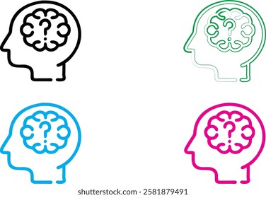 Minimalist head silhouettes, brain icons, colorful outlines, mental health concept, cognitive thinking symbols, simplified human profiles, blue pink green black color scheme, clean vector graphics, ps