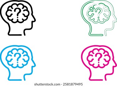 Minimalist head silhouettes, brain icons, colorful outlines, mental health concept, cognitive thinking symbols, simplified human profiles, blue pink green black color scheme, clean vector graphics, ps