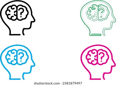 Minimalist head silhouettes, brain icons, colorful outlines, mental health concept, cognitive thinking symbols, simplified human profiles, blue pink green black color scheme, clean vector graphics, ps