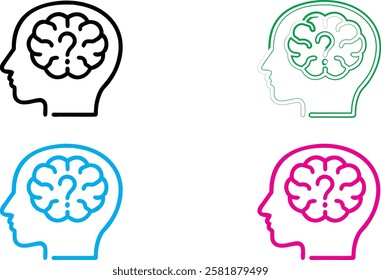 Minimalist head silhouettes, brain icons, colorful outlines, mental health concept, cognitive thinking symbols, simplified human profiles, blue pink green black color scheme, clean vector graphics, ps