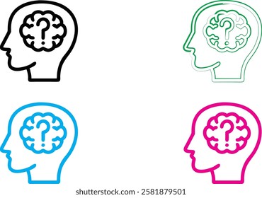 Minimalist head silhouettes, brain icons, colorful outlines, mental health concept, cognitive thinking symbols, simplified human profiles, blue pink green black color scheme, clean vector graphics, ps