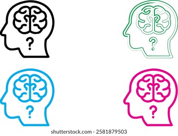 Minimalist head silhouettes, brain icons, colorful outlines, mental health concept, cognitive thinking symbols, simplified human profiles, blue pink green black color scheme, clean vector graphics, ps