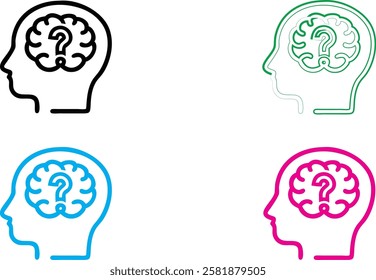 Minimalist head silhouettes, brain icons, colorful outlines, mental health concept, cognitive thinking symbols, simplified human profiles, blue pink green black color scheme, clean vector graphics, ps