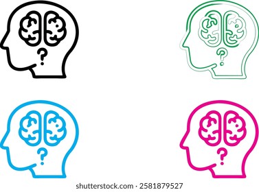 Minimalist head silhouettes, brain icons, colorful outlines, mental health concept, cognitive thinking symbols, simplified human profiles, blue pink green black color scheme, clean vector graphics, ps