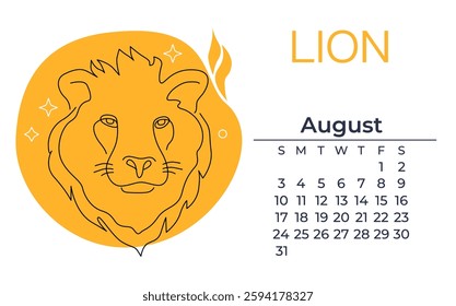 minimalist lion’s head, zodiac symbol hand drawn line art, with august calendar for astrologers resources, poster.