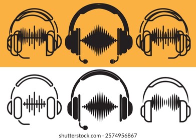 Minimalist Headphone Icon with Sound Waves - Modern Technology Design, vector illustration Podcast icon. Talk Show logo. Earphones and audio waves. 