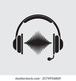 Minimalist Headphone Icon with Sound Waves - Modern Technology Design, vector illustration Podcast icon. Talk Show logo. Earphones and audio waves. 