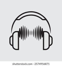 Minimalist Headphone Icon with Sound Waves - Modern Technology Design, vector illustration Podcast icon. Talk Show logo. Earphones and audio waves. 