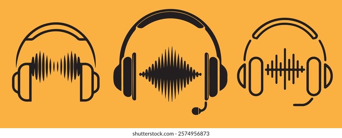 Minimalist Headphone Icon with Sound Waves - Modern Technology Design, vector illustration Podcast icon. Talk Show logo. Earphones and audio waves. 