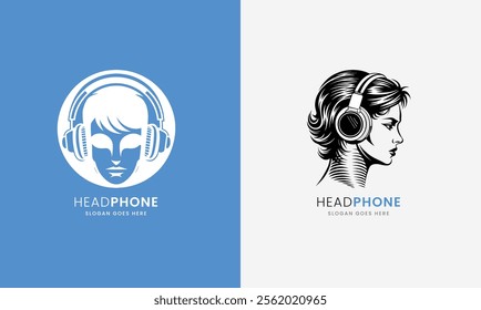 Minimalist headphone logo, blending modern style and audio innovation on white