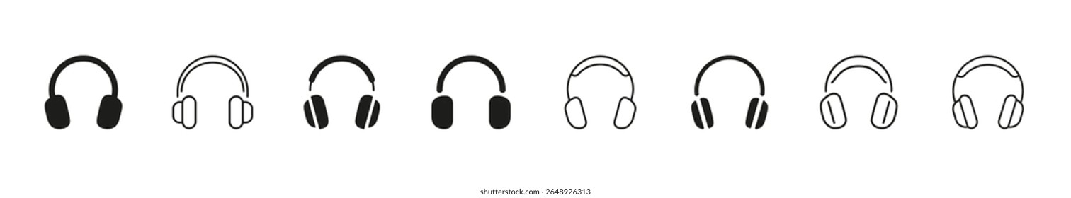 Minimalist headphones icon set in linear and solid style. Collection of audio headset symbols for music, sound, podcast, tech support, and multimedia applications. Vector illustration