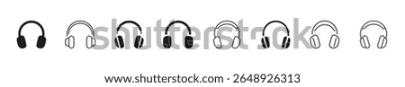 Minimalist headphones icon set in linear and solid style. Collection of audio headset symbols for music, sound, podcast, tech support, and multimedia applications. Vector illustration
